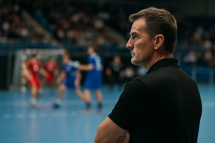 Handballtrainer am Spielfeldrand beobachtet ein laufendes Spiel in einer Sporthalle, Spieler in Rot und Blau im Hintergrund unscharf.
